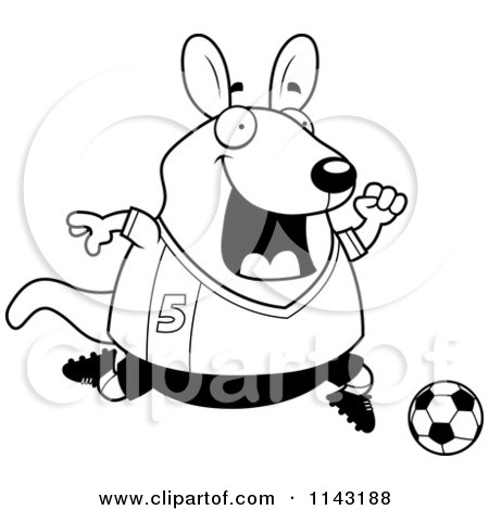 Cartoon Clipart Of A Black And White Chubby Wallaby Kangaroo Playing Soccer - Vector Outlined Coloring Page by Cory Thoman