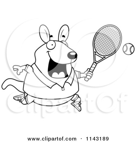 Cartoon Clipart Of A Black And White Chubby Wallaby Kangaroo Playing Tennis - Vector Outlined Coloring Page by Cory Thoman