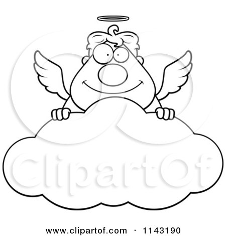 Cartoon Clipart Of A Black And White Angel Over A Cloud - Vector Outlined Coloring Page by Cory Thoman