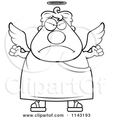 Cartoon Clipart Of A Black And White Mad Angel - Vector Outlined Coloring Page by Cory Thoman