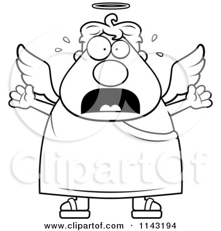 Cartoon Clipart Of A Black And White Stressed Angel - Vector Outlined Coloring Page by Cory Thoman