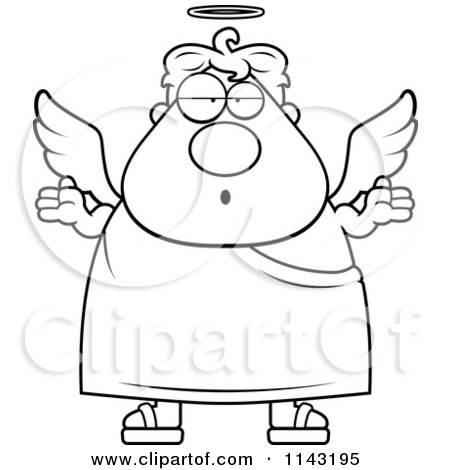 Cartoon Clipart Of A Black And White Shrugging Angel - Vector Outlined Coloring Page by Cory Thoman