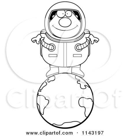 Cartoon Clipart Of A Black And White Chubby Astronaut Standing On Top Of Earth - Vector Outlined Coloring Page by Cory Thoman