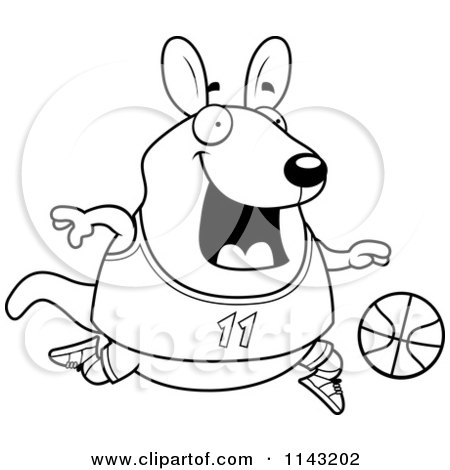 Cartoon Clipart Of A Black And White Chubby Wallaby Kangaroo Playing Basketball - Vector Outlined Coloring Page by Cory Thoman