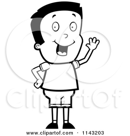 Cartoon Clipart Of A Black And White Friendly Boy Waving Hello - Vector Outlined Coloring Page by Cory Thoman