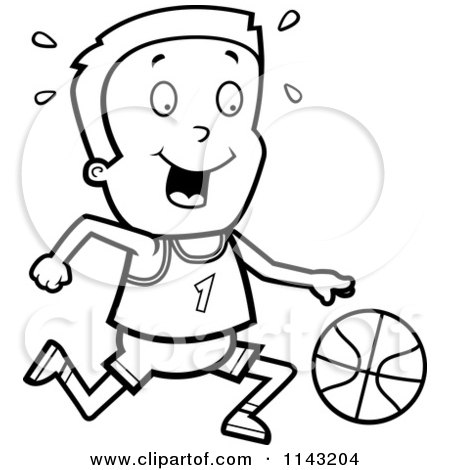 Cartoon Clipart Of A Black And White Basketball Boy Dribbling A Ball - Vector Outlined Coloring Page by Cory Thoman