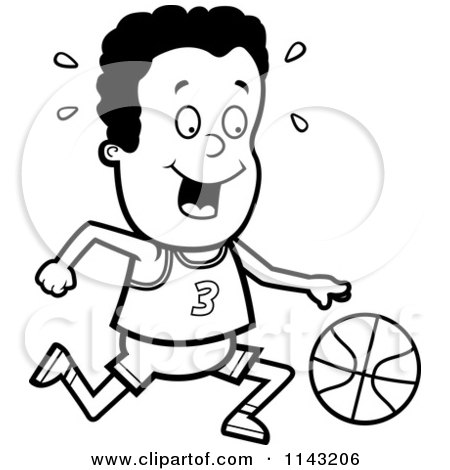 Cartoon Clipart Of A Black And White Black Basketball Boy Dribbling A Ball - Vector Outlined Coloring Page by Cory Thoman