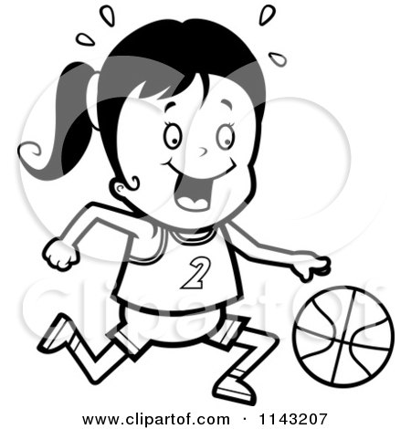 Cartoon Clipart Of A Black And White Basketball Girl Dribbling A Ball - Vector Outlined Coloring Page by Cory Thoman