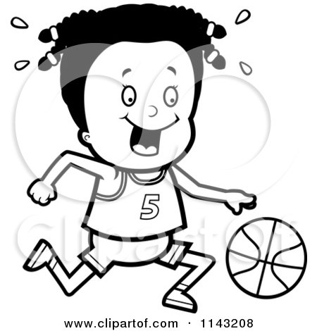 Cartoon Clipart Of A Black And White Black Basketball Girl Dribbling A Ball - Vector Outlined Coloring Page by Cory Thoman
