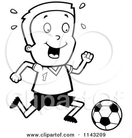 Cartoon Clipart Of A Black And White Soccer Boy Running After A Ball - Vector Outlined Coloring Page by Cory Thoman