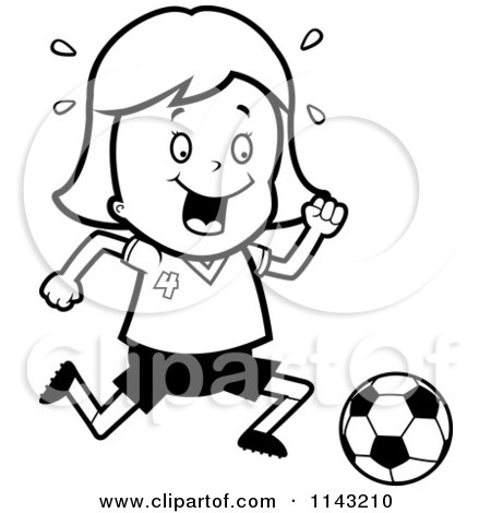 Cartoon Clipart Of A Black And White Soccer Girl Running After A Ball - Vector Outlined Coloring Page by Cory Thoman