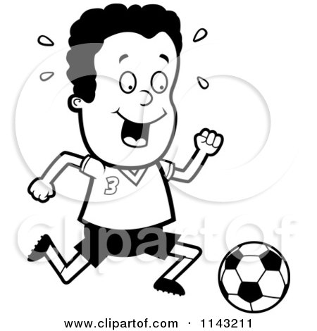 Cartoon Clipart Of A Black And White Black Soccer Boy Running After A Ball - Vector Outlined Coloring Page by Cory Thoman