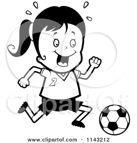 Cartoon Clipart Of A Black And White Soccer Girl Running After A Ball - Vector Outlined Coloring Page by Cory Thoman