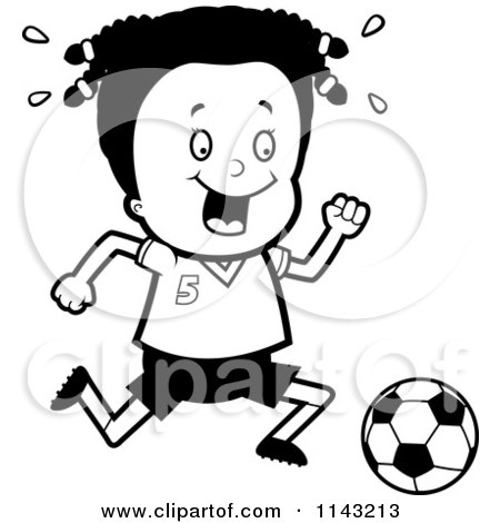 Cartoon Clipart Of A Black And White Black Soccer Girl Running After A Ball - Vector Outlined Coloring Page by Cory Thoman