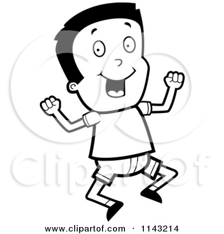 Cartoon Clipart Of A Black And White Excited Boy Jumping - Vector Outlined Coloring Page by Cory Thoman