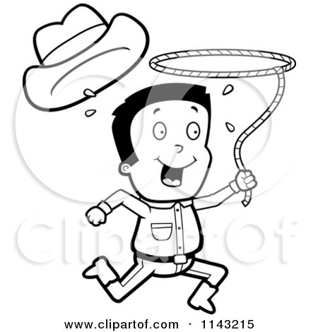 Cartoon Clipart Of A Black And White Cowboy Losing His Hat And Running With A Lasso Lariat - Vector Outlined Coloring Page by Cory Thoman