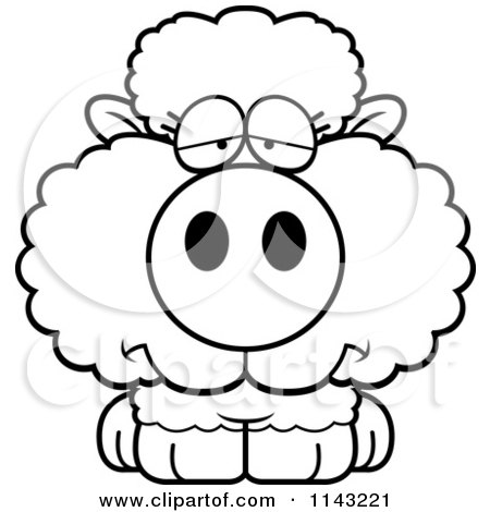 Cartoon Clipart Of A Black And White Depressed Baby Sheep - Vector Outlined Coloring Page by Cory Thoman