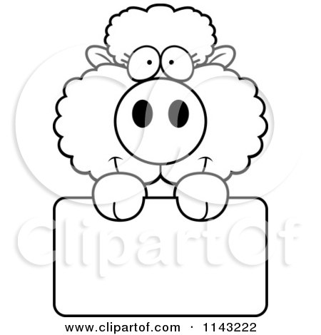Cartoon Clipart Of A Black And White Cute Baby Sheep Holding A Blank Sign - Vector Outlined Coloring Page by Cory Thoman