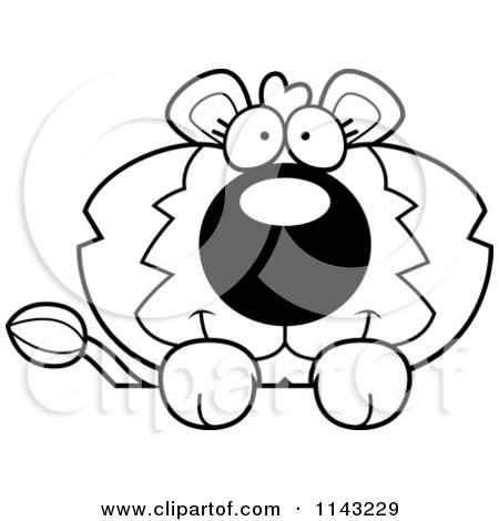 Cartoon Clipart Of A Black And White Cute Lion Over A Surface - Vector Outlined Coloring Page by Cory Thoman