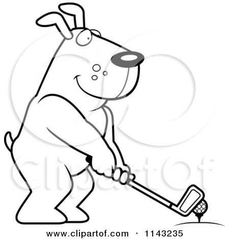 Cartoon Clipart Of A Black And White Golfing Dog Holding The Club Against The Ball On The Tee - Vector Outlined Coloring Page by Cory Thoman