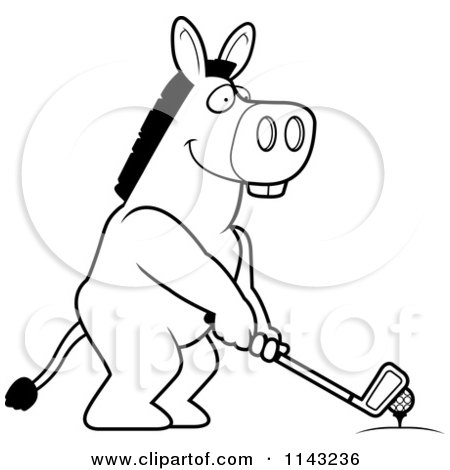 Cartoon Clipart Of A Black And White Golfing Donkey Holding The Club Against The Ball On The Tee - Vector Outlined Coloring Page by Cory Thoman