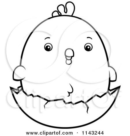 Cartoon Clipart Of A Black And White Chubby Rooster Chick On A Shell