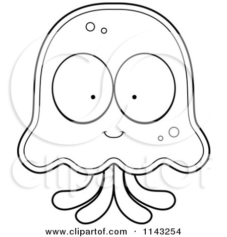 Cartoon Clipart Of A Black And White Jellyfish Character - Vector Outlined Coloring Page by Cory Thoman