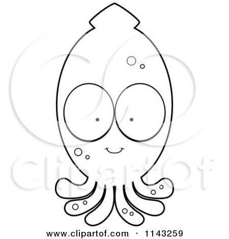 Cartoon Clipart Of A Black And White Squid Character - Vector Outlined Coloring Page by Cory Thoman