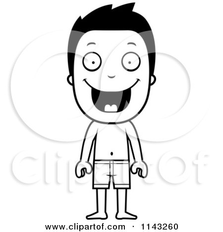 Cartoon Clipart Of A Black And White Happy Summer Boy Wearing Swim Trunks - Vector Outlined Coloring Page by Cory Thoman