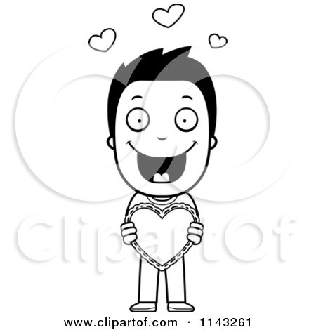 Cartoon Clipart Of A Black And White Happy Boy Holding A Valentine - Vector Outlined Coloring Page by Cory Thoman