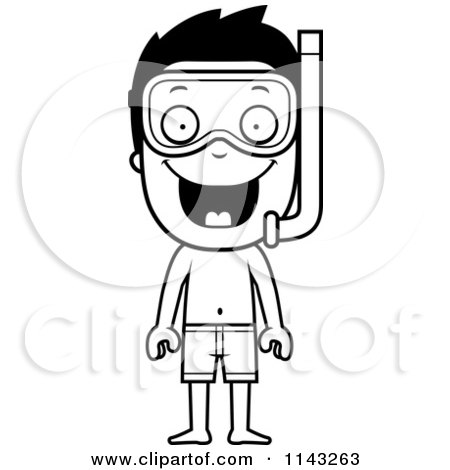 Cartoon Clipart Of A Black And White Happy Summer Boy Wearing Snorkel Gear - Vector Outlined Coloring Page by Cory Thoman