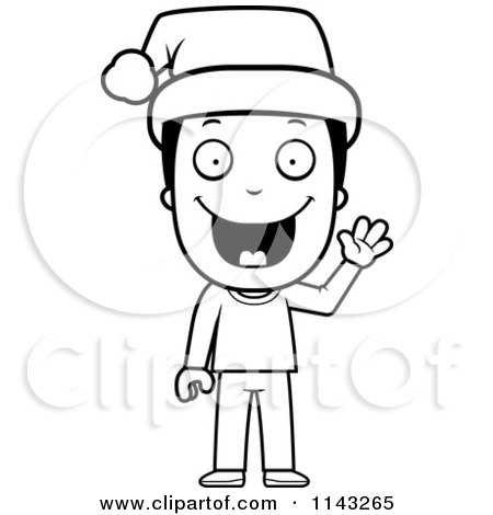 Cartoon Clipart Of A Black And White Happy Christmas Boy Wearing A Santa Hat - Vector Outlined Coloring Page by Cory Thoman