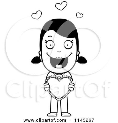 Cartoon Clipart Of A Black And White Sweet Girl Holding A Valentine Heart - Vector Outlined Coloring Page by Cory Thoman