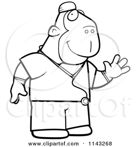 Cartoon Clipart Of A Black And White Ape Surgeon Doctor In Scrubs - Vector Outlined Coloring Page by Cory Thoman