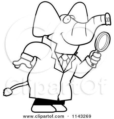 Cartoon Clipart Of A Black And White Elephant Detective Using A Magnifying Glass - Vector Outlined Coloring Page by Cory Thoman