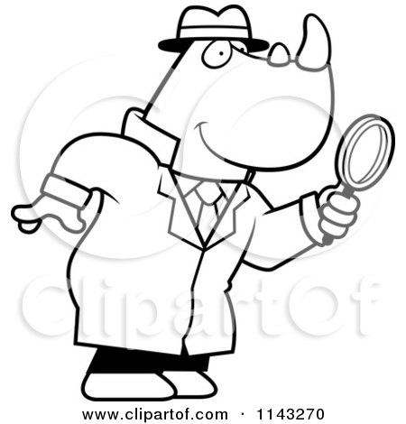 Cartoon Clipart Of A Black And White Rhino Detective Using A Magnifying Glass - Vector Outlined Coloring Page by Cory Thoman