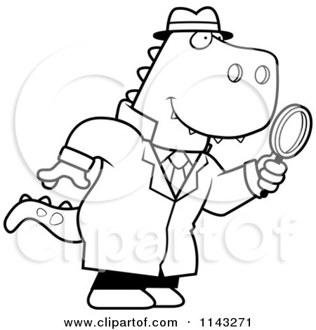 Cartoon Clipart Of A Black And White T Rex Detective Using A Magnifying Glass - Vector Outlined Coloring Page by Cory Thoman
