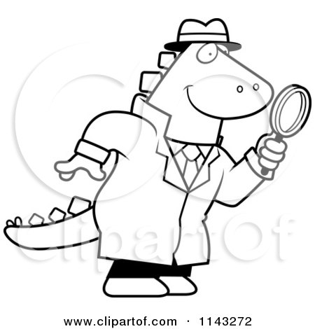 Cartoon Clipart Of A Black And White Dinosaur Detective Using A Magnifying Glass - Vector Outlined Coloring Page by Cory Thoman