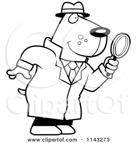 Cartoon Clipart Of A Black And White Dog Detective Using A Magnifying Glass - Vector Outlined Coloring Page by Cory Thoman