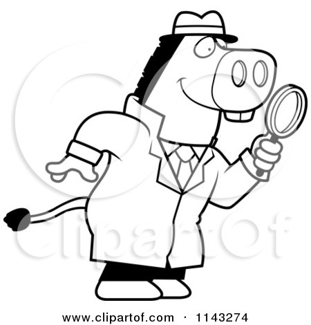 Cartoon Clipart Of A Black And White Donkey Detective Using A Magnifying Glass - Vector Outlined Coloring Page by Cory Thoman