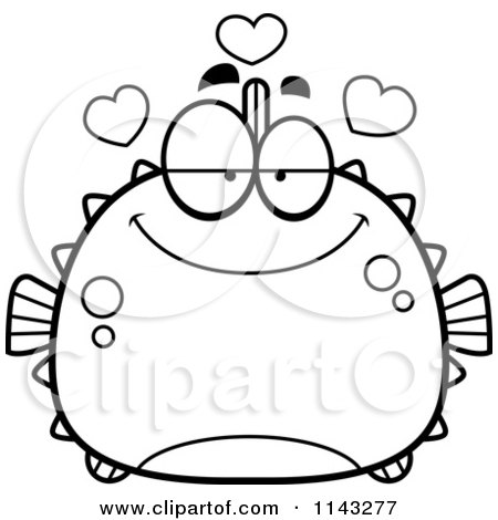 Cartoon Clipart Of A Black And White Chubby Infatuated Blowfish - Vector Outlined Coloring Page by Cory Thoman
