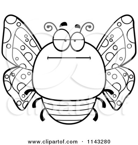 Cartoon Clipart Of A Black And White Chubby Bored Butterfly - Vector Outlined Coloring Page by Cory Thoman