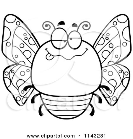 Cartoon Clipart Of A Black And White Chubby Drunk Butterfly - Vector Outlined Coloring Page by Cory Thoman