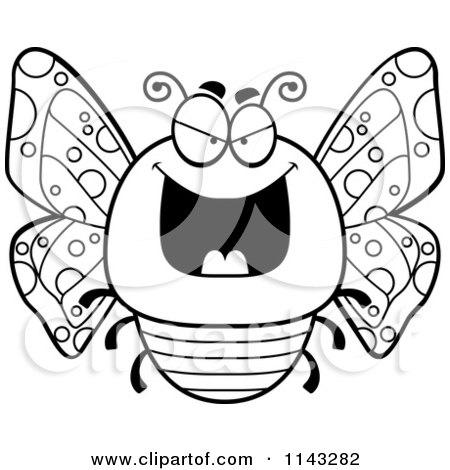 Cartoon Clipart Of A Black And White Chubby Evil Butterfly - Vector Outlined Coloring Page by Cory Thoman