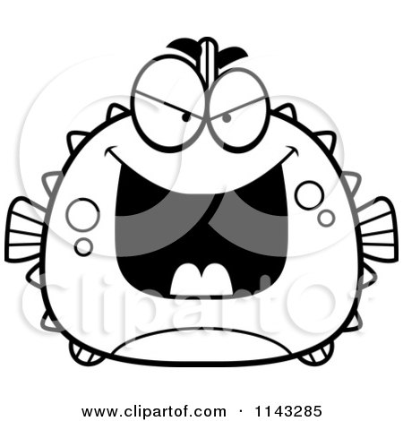Cartoon Clipart Of A Black And White Chubby Evil Blowfish - Vector Outlined Coloring Page by Cory Thoman