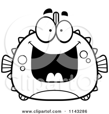 Cartoon Clipart Of A Black And White Chubby Grinning Blowfish - Vector Outlined Coloring Page by Cory Thoman
