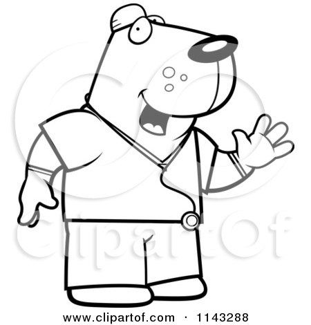 Cartoon Clipart Of A Black And White Dog Surgeon Doctor In Scrubs - Vector Outlined Coloring Page by Cory Thoman