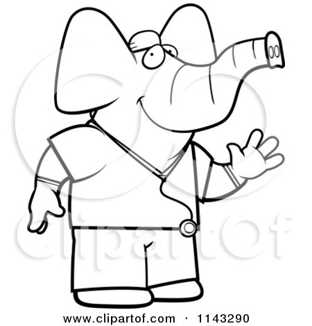 Cartoon Clipart Of A Black And White Elephant Surgeon Doctor In Scrubs - Vector Outlined Coloring Page by Cory Thoman