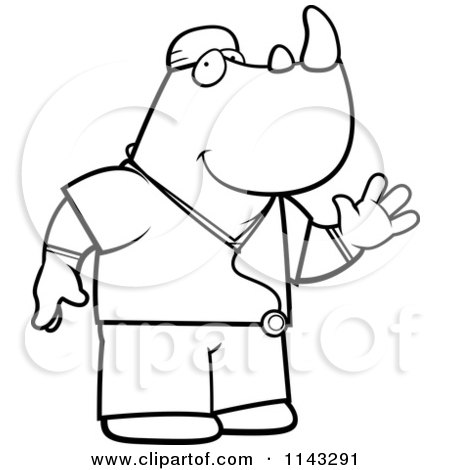 Cartoon Clipart Of A Black And White Rhino Surgeon Doctor In Scrubs - Vector Outlined Coloring Page by Cory Thoman