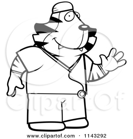 Cartoon Clipart Of A Black And White Tiger Surgeon Doctor In Scrubs - Vector Outlined Coloring Page by Cory Thoman